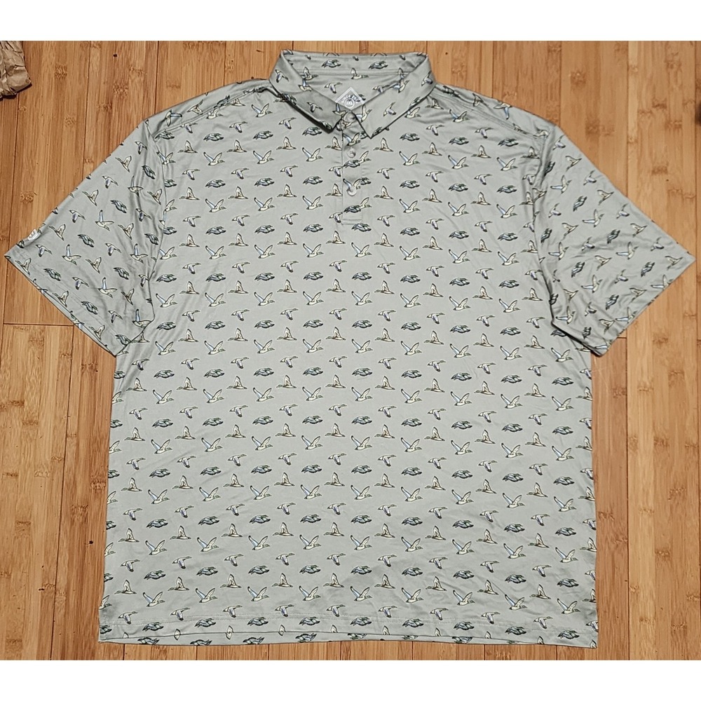 Burlebo Performance Polo Shirt Golf Flying Ducks Green Men's 2XL Stretch Comfort